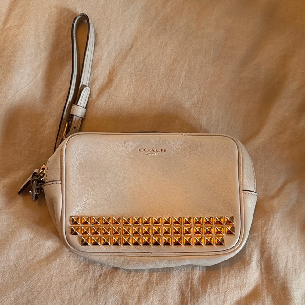 Coach Beige Wristlet with Rose Gold Studs